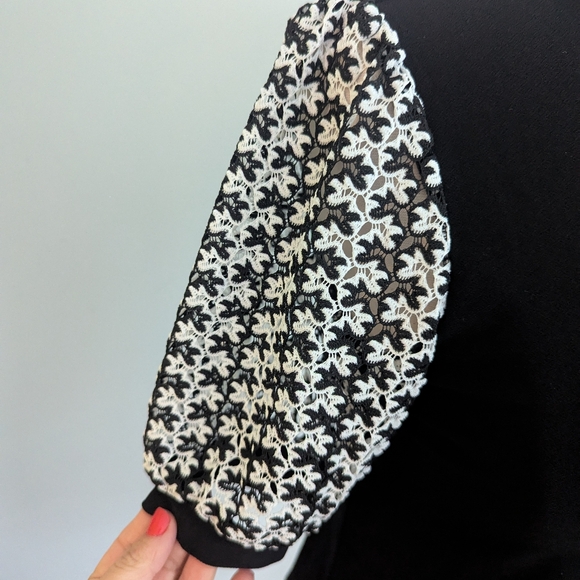 CeCe Black Top with White Patterned Puff Sleeves - Picture 3 of 6